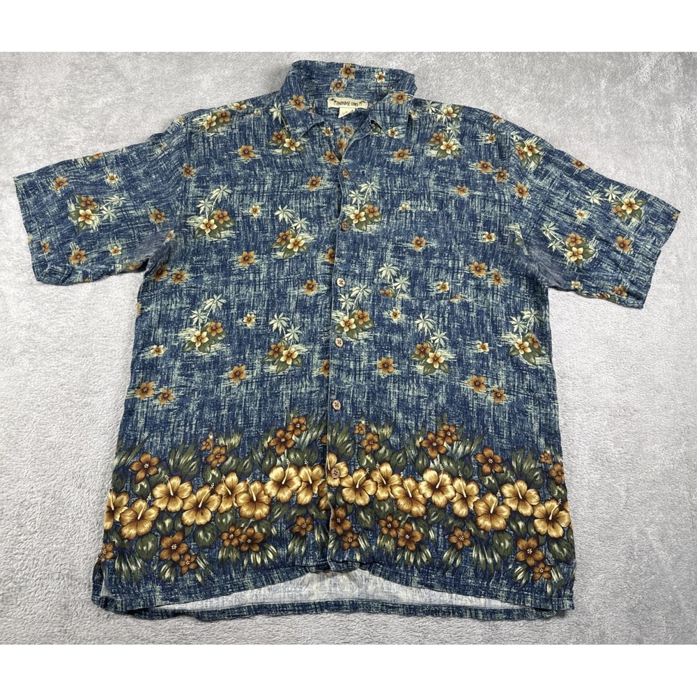 Paradise Coves Men's 100% Silk Button-Up Short Sleeve Floral Print Shirt Blue XL
